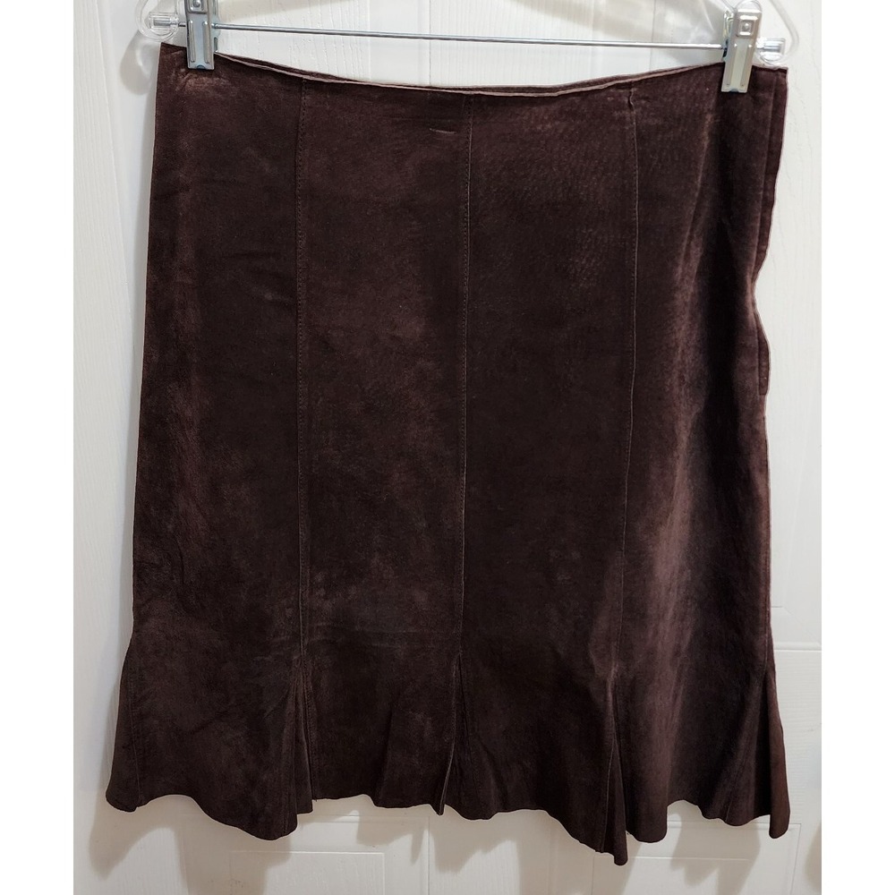 Karen Kane Lifestyle Pleated Trumpet Skirt 100% Leather Suede Brown Women's Sz 8